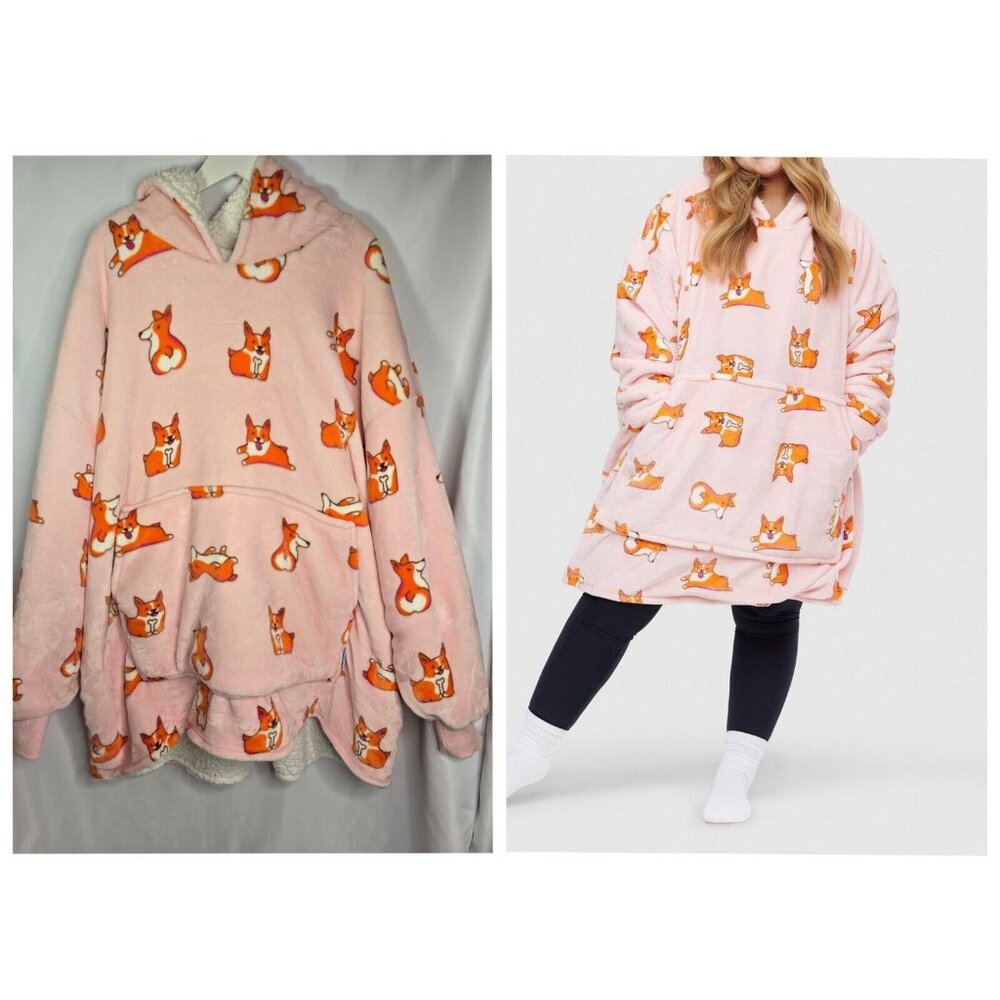 THE OODIE Adult Oversized Hoodie Blanket Fleece Sherpa Corgi Dog Print- ONE SIZE